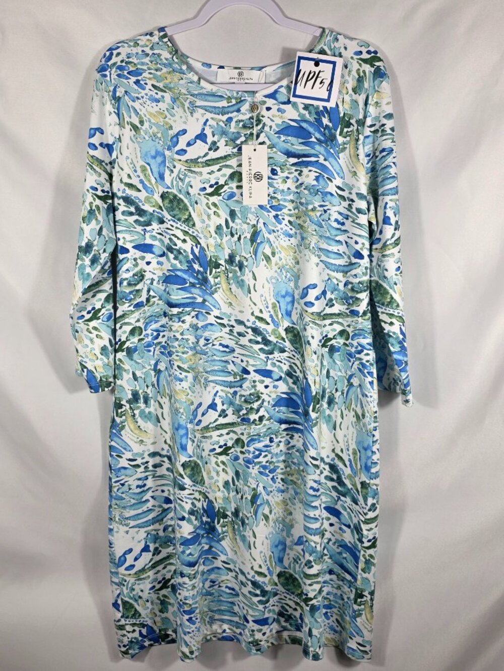 Jean Pierre Klifa Daphne Dress Size XXL Blue Green Water Splash Design UPF50 NEW